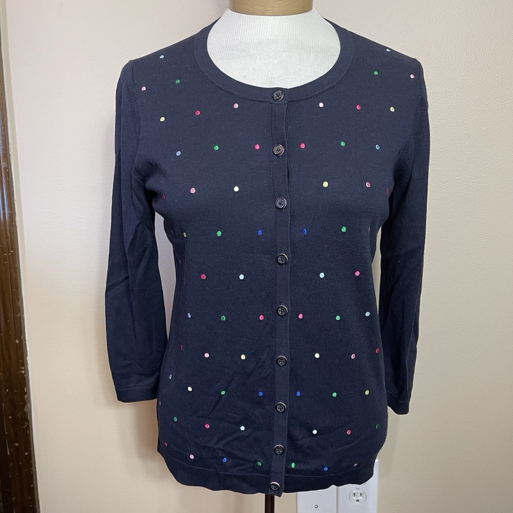 Talbots S Blue‎ Cardigan Button 3/4 Sleeve Lightweight Polka Dots Embroidery